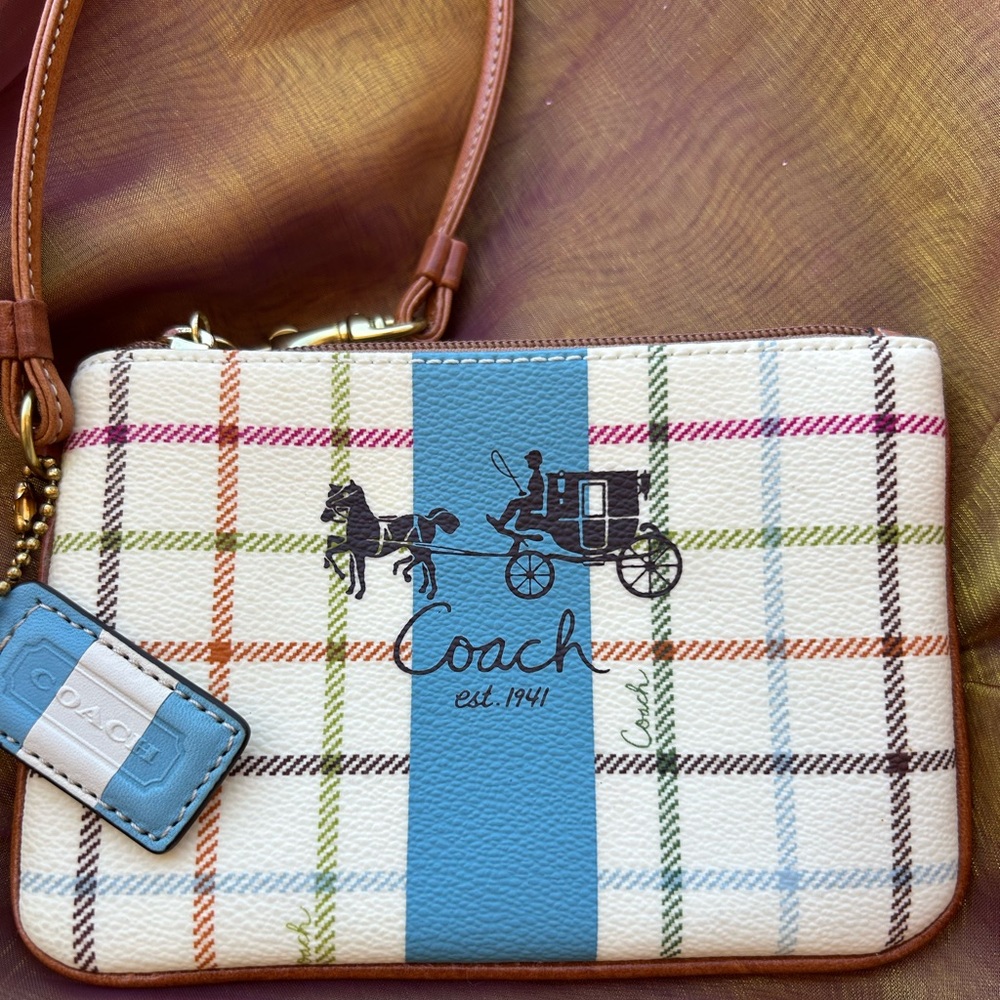 Coach Multicolor Tattersall Wristlet with Blue Stripe & Unique Hang Tag 🩵🏷️🔖